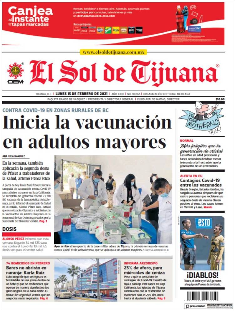 Portada de El Sol de Tijuana (M&eacute;xico)