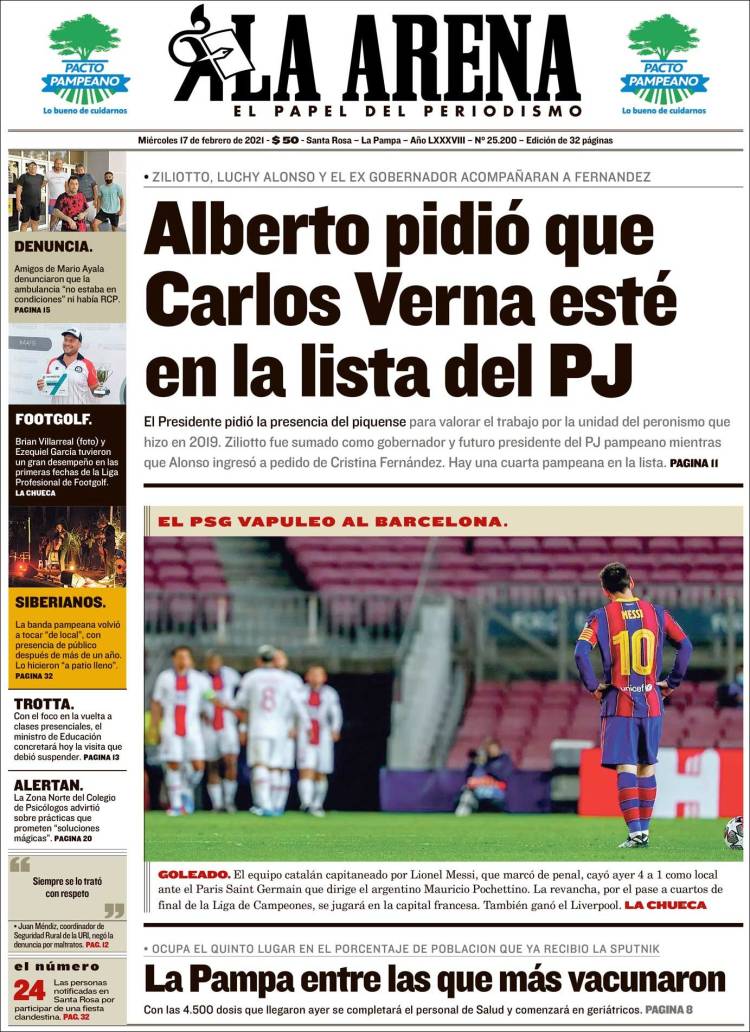 Portada de Diario La Arena (Argentina)