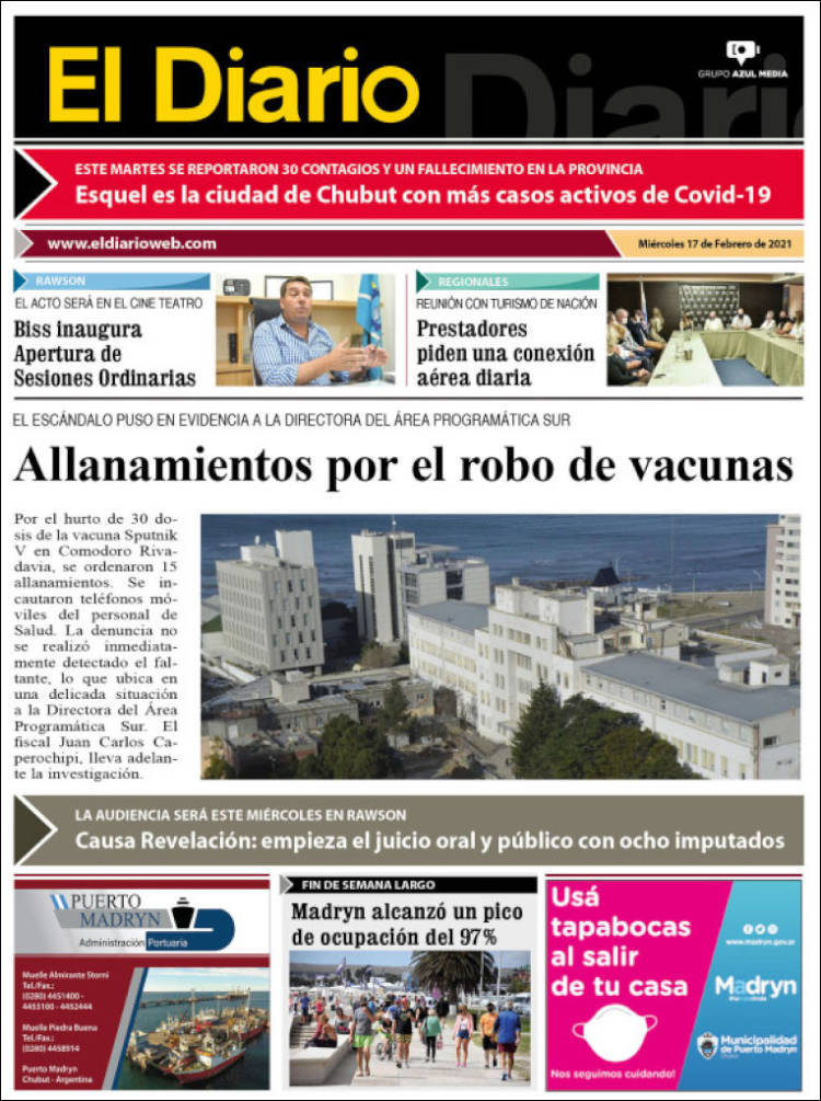 Portada de El Diario de Madryn (Argentina)