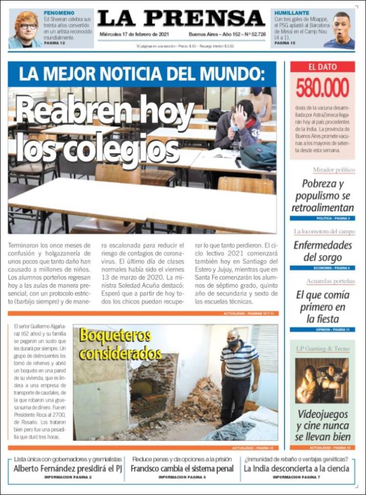 Portada de La Prensa (Argentina)