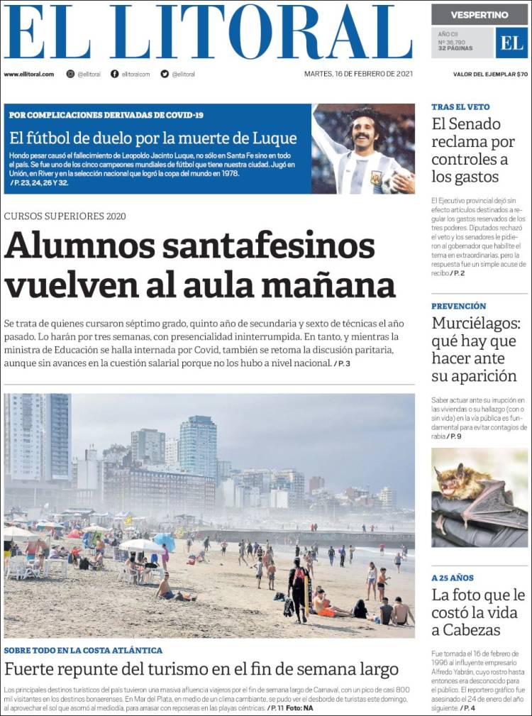 Portada de Diario El Litoral (Argentina)