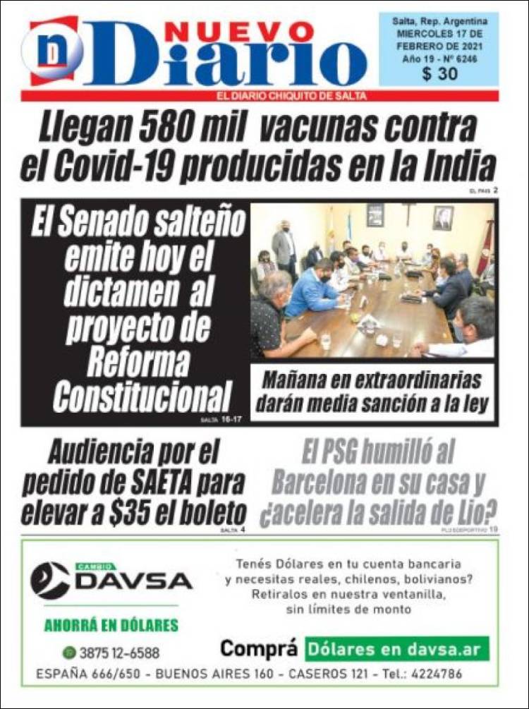 Portada de Nuevo Diario de Salta (Argentina)
