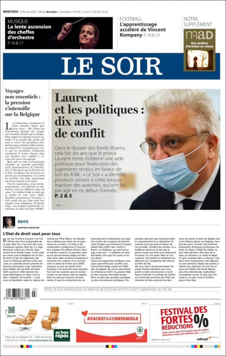 Portada de Le Soir (B&eacute;lgica)