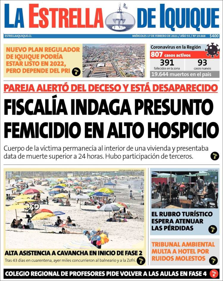 Portada de La Estrella de Iquique (Chile)