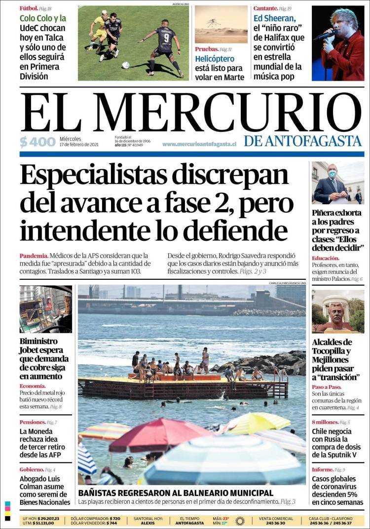 Portada de El Mercurio de Antofagasta (Chile)