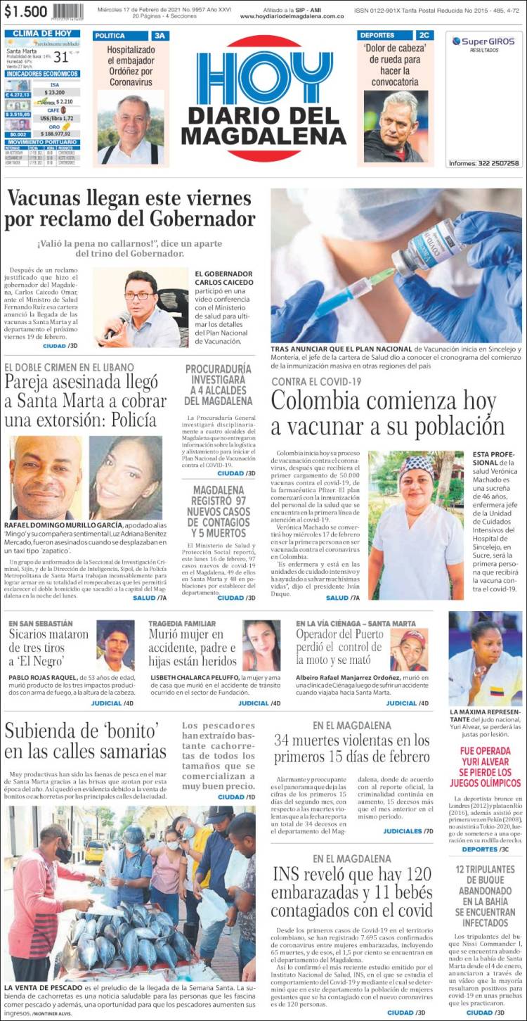 Portada de Hoy Diario del Magdalena (Colombia)