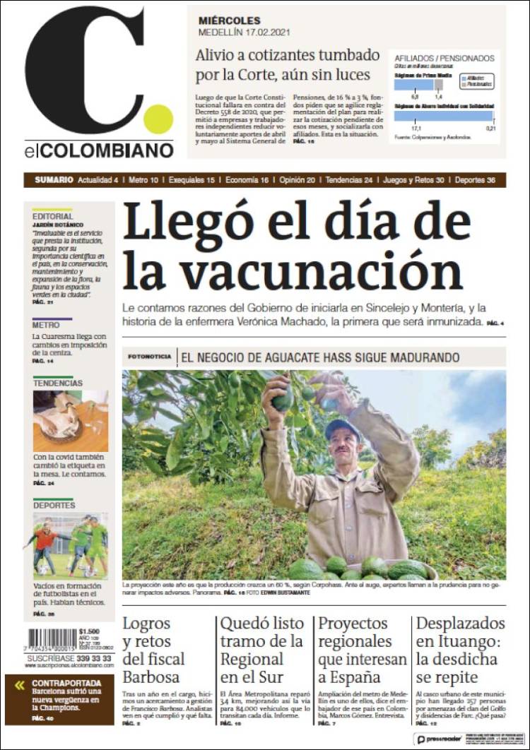 Portada de El Colombiano (Colombia)