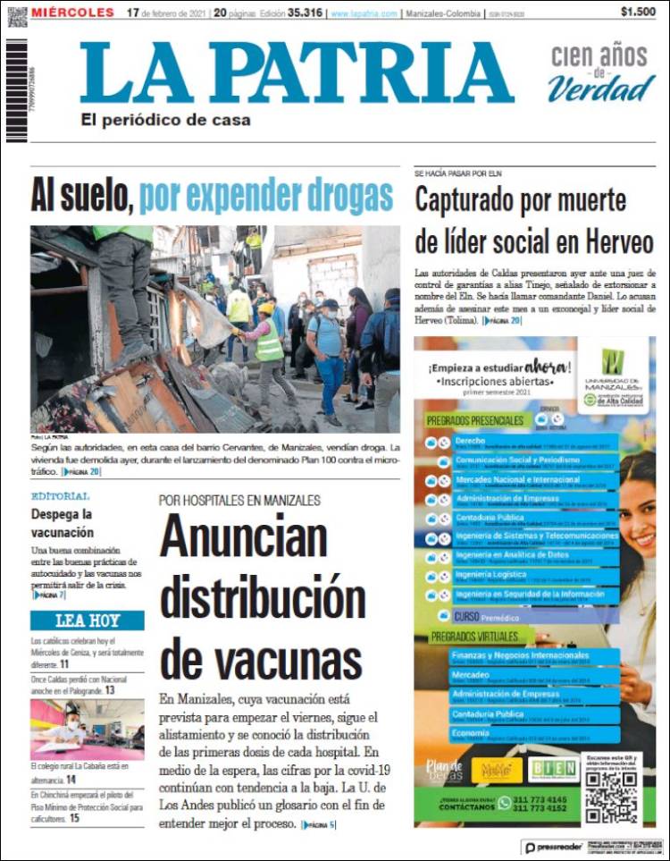 Portada de La Patria (Colombia)