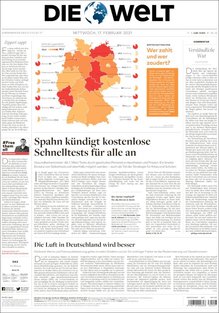 Portada de Die Welt (Alemania)