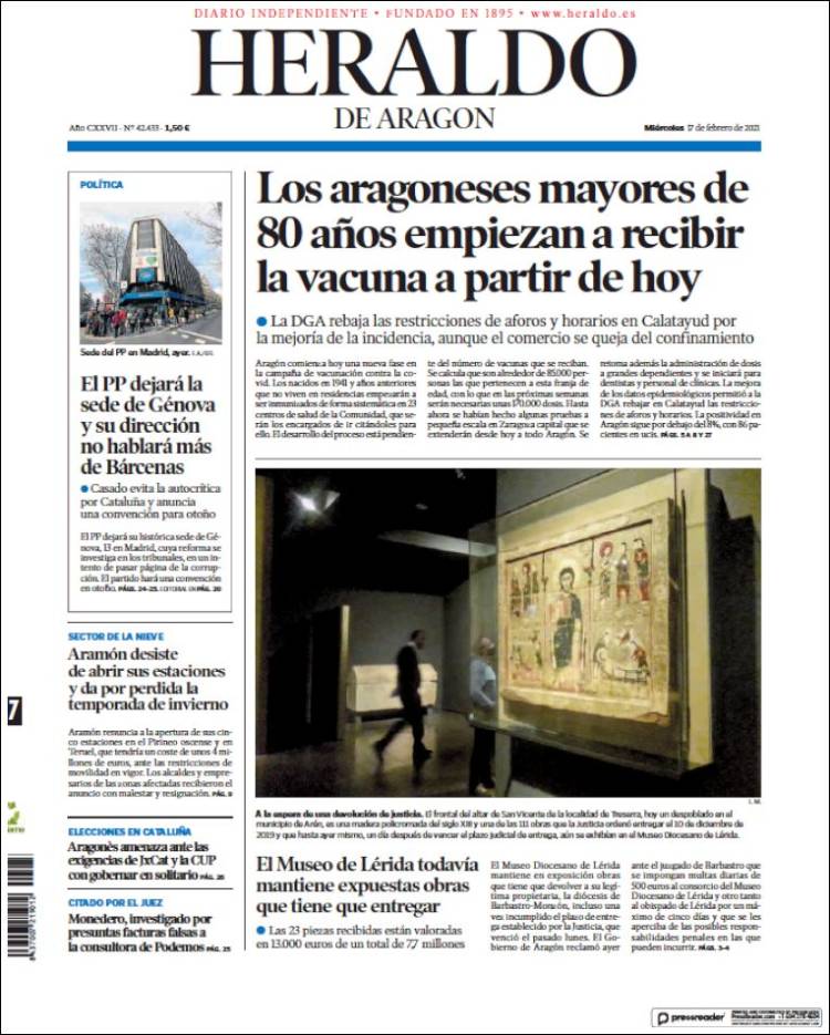 Portada de Heraldo de Aragón (España)