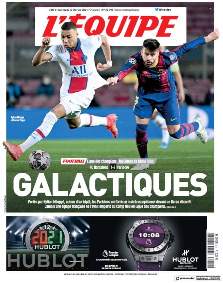 Portada de L'Equipe (Francia)