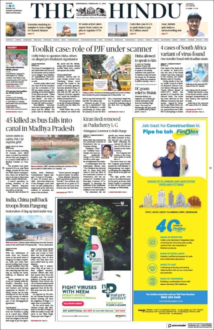 Portada de The Hindu (India)