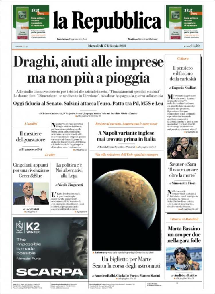Portada de La Repubblica (Italia)