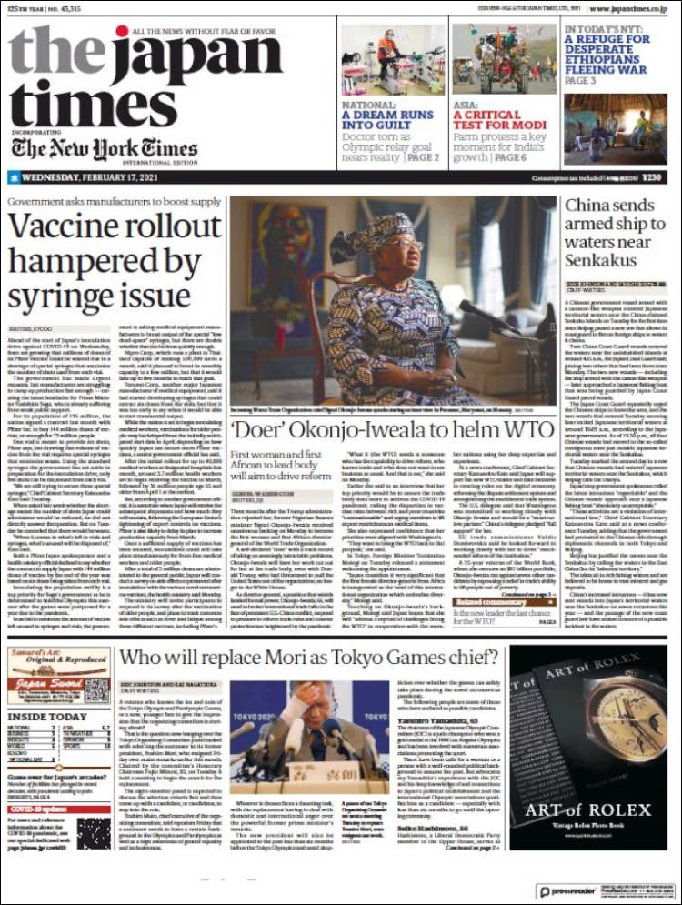 Portada de The Japan Times (Jap&oacute;n)