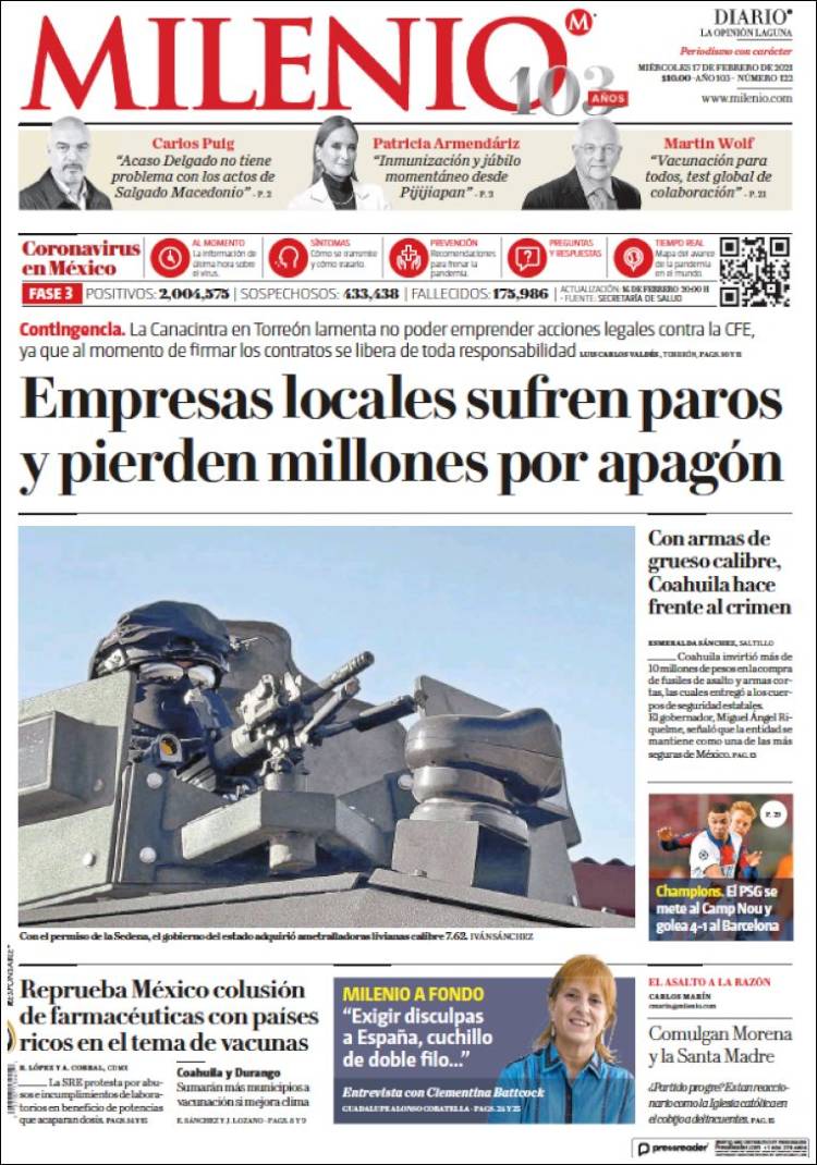 Portada de Milenio - Laguna (México)