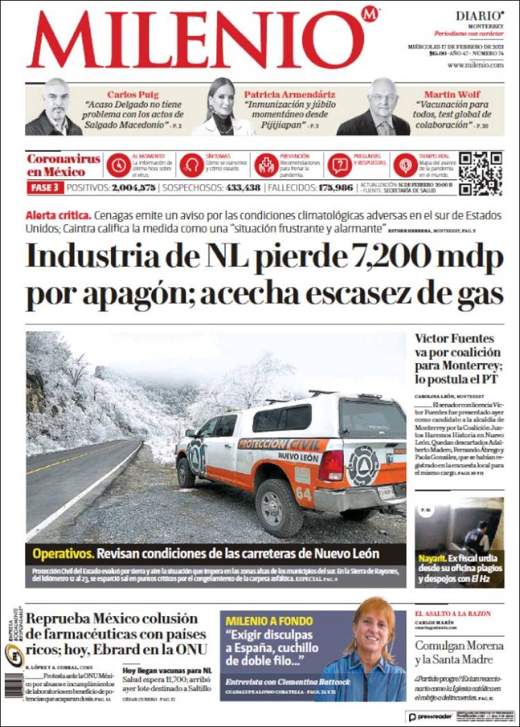 Portada de Milenio de Monterrey (México)