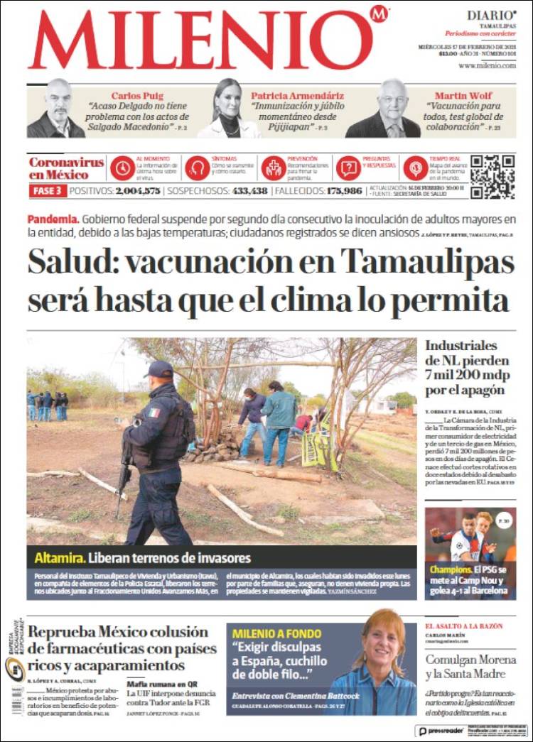 Portada de Milenio - Tamaulipas (México)