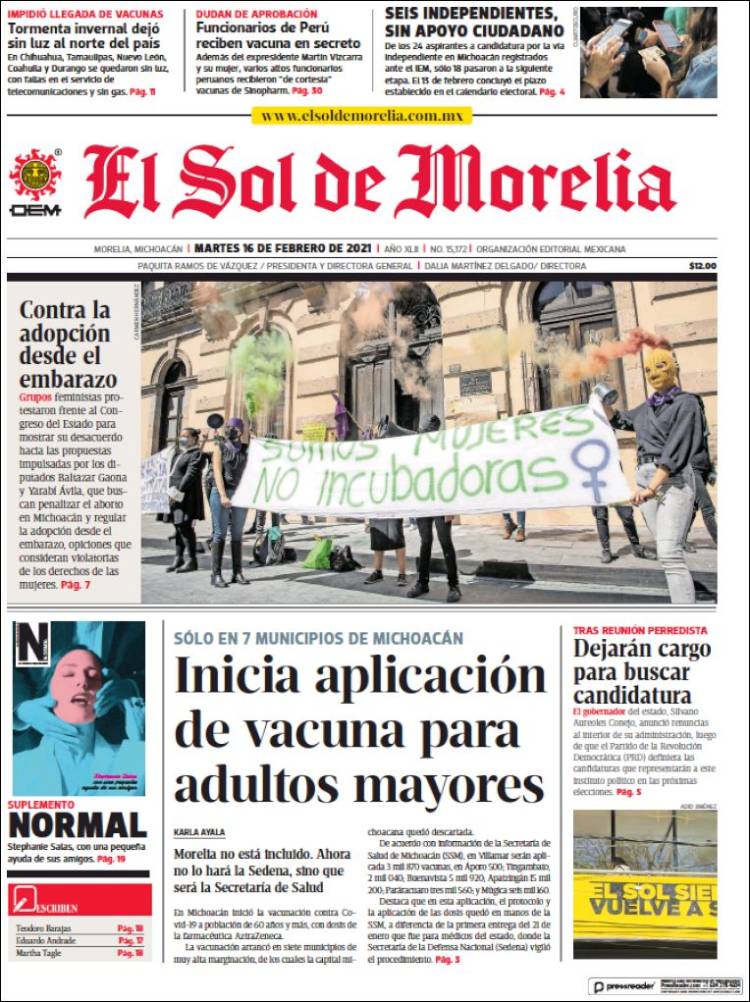 Portada de El Sol de Morelia (México)