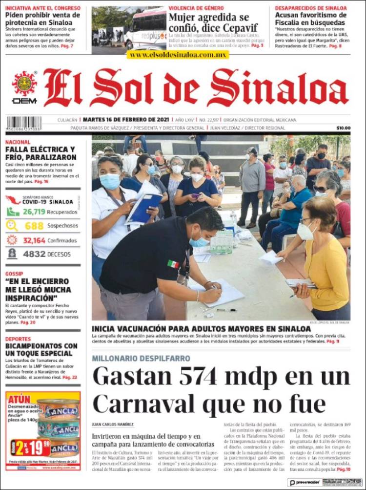 Portada de El Sol de Sinaloa (México)