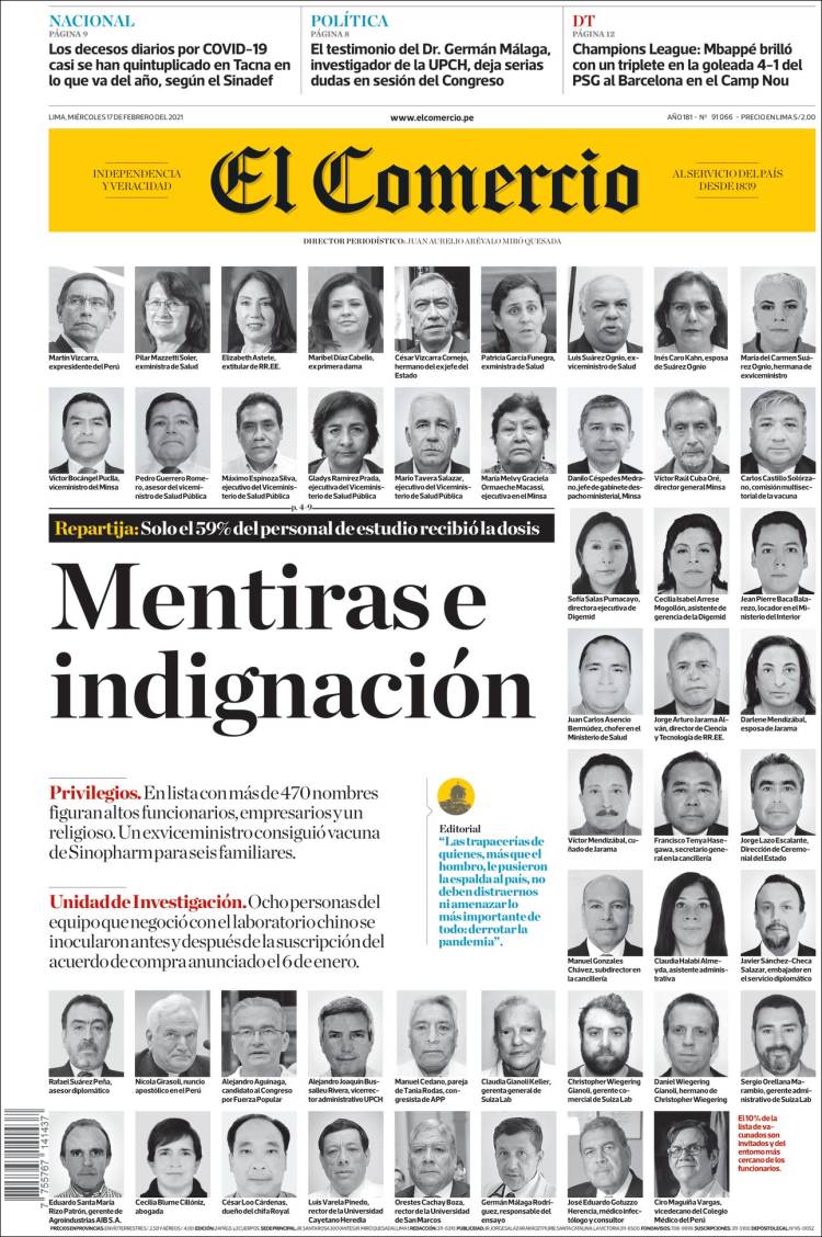 Portada de El Comercio (Per&uacute;)