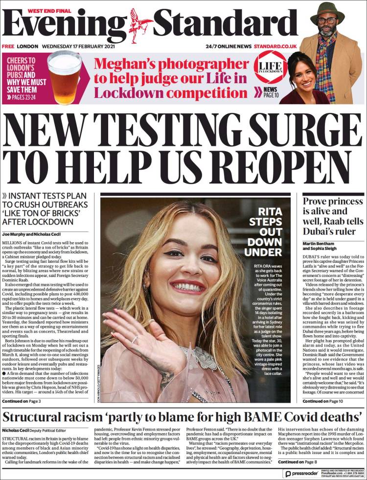 Portada de Evening Standard (Reino Unido)