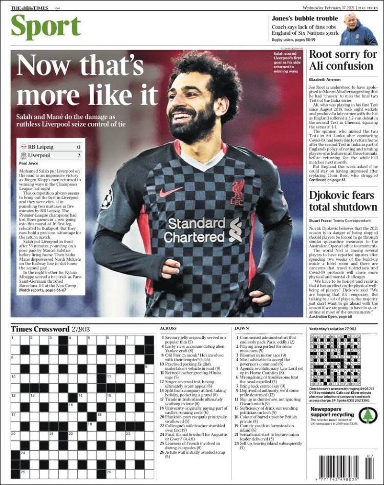 Portada de The Times Sport (Reino Unido)