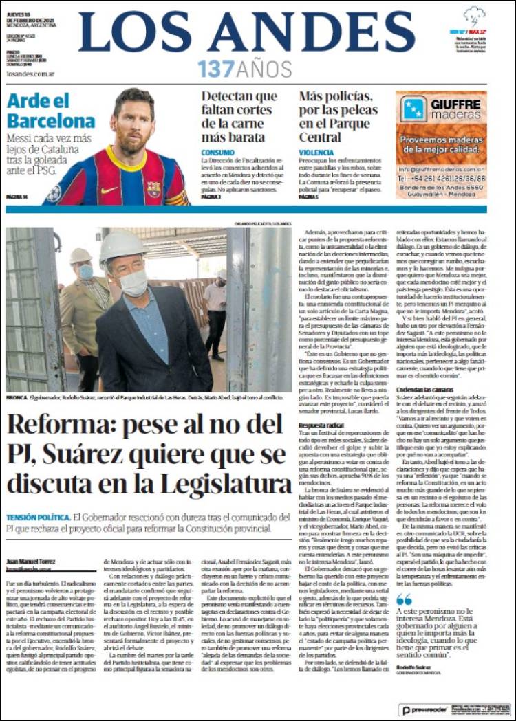 Portada de Los Andes - Mendoza (Argentina)