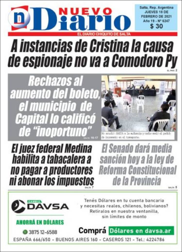 Portada de Nuevo Diario de Salta (Argentina)