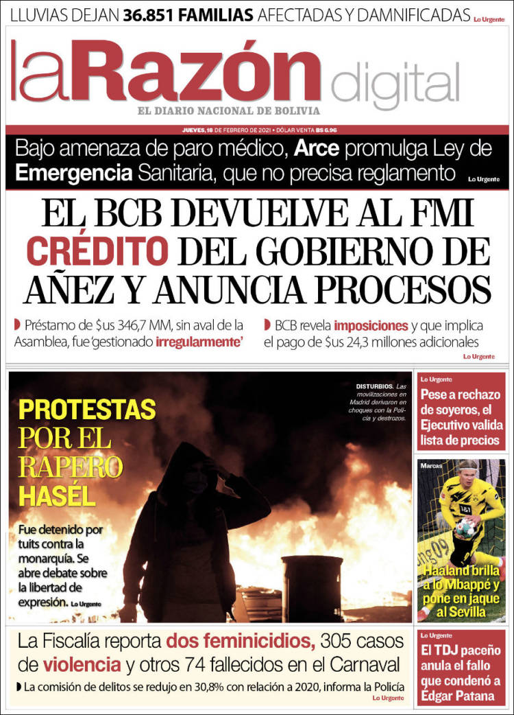 Portada de La Razón (Bolivia)