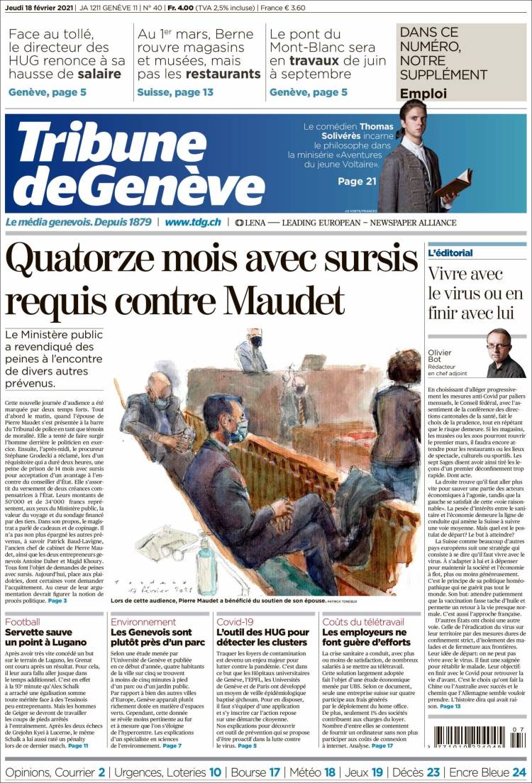 Portada de La Tribune de Genève (Suiza)