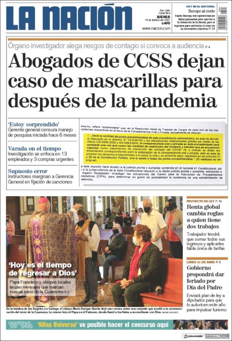 Periódico La Nación - Costa Rica (Costa Rica). Periódicos de Costa Rica.  Edición de jueves, 18 de febrero de 2021. 