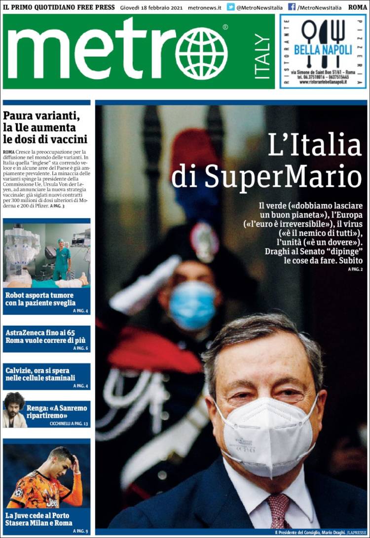 Newspaper Metro - Roma (Italy). Newspapers in Italy. Thursday's edition,  February 18 of 2021. Kiosko.net