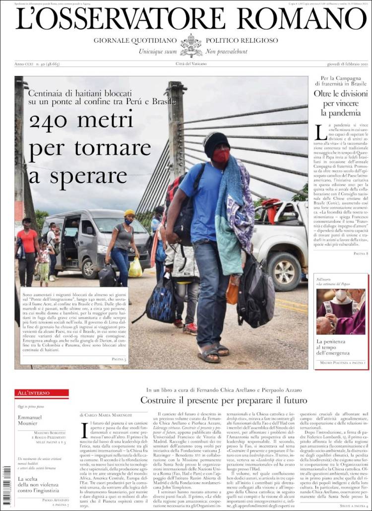 Portada de L'Osservatore Romano (Italia)