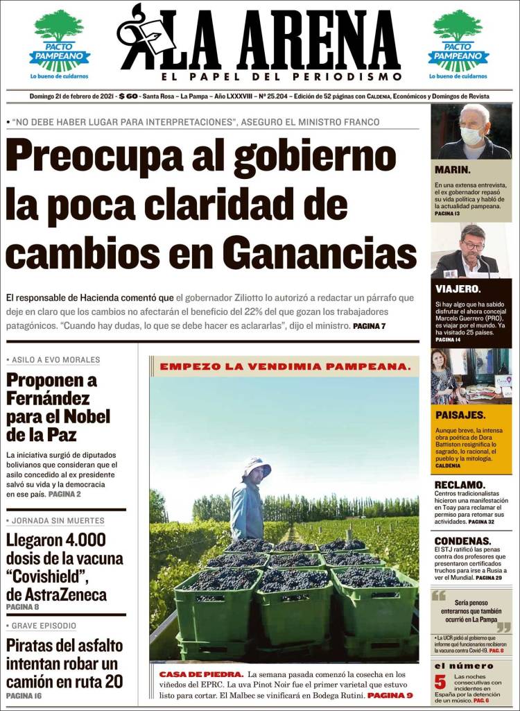 Portada de Diario La Arena (Argentina)