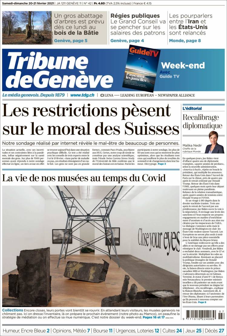 Portada de La Tribune de Genève (Suiza)
