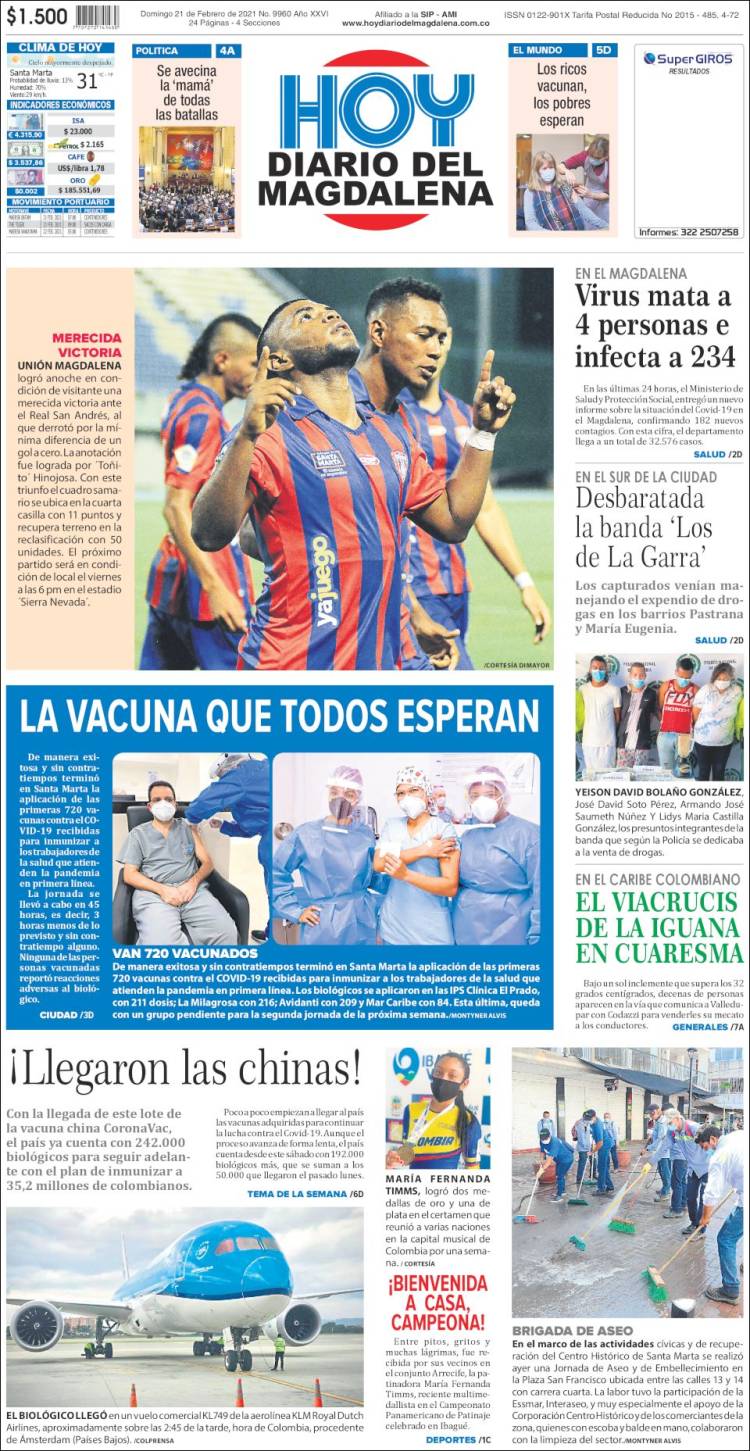 Periódico Hoy Diario del Magdalena (Colombia). Periódicos de Colombia.  Edición de domingo, 21 de febrero de 2021. 