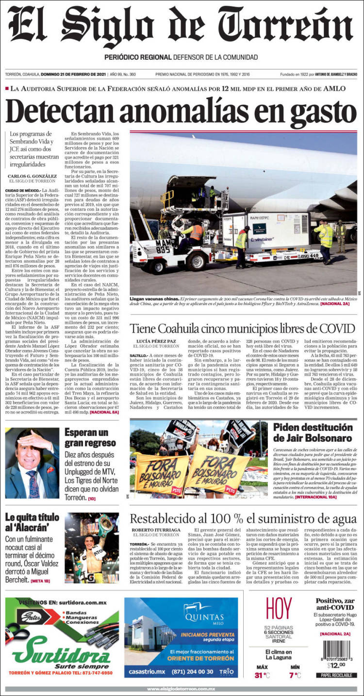 Portada de El Siglo de Torreon (México)