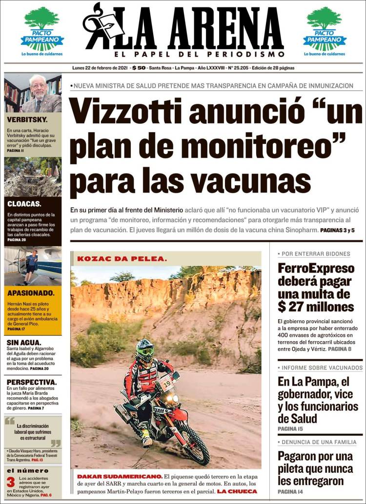 Portada de Diario La Arena (Argentina)