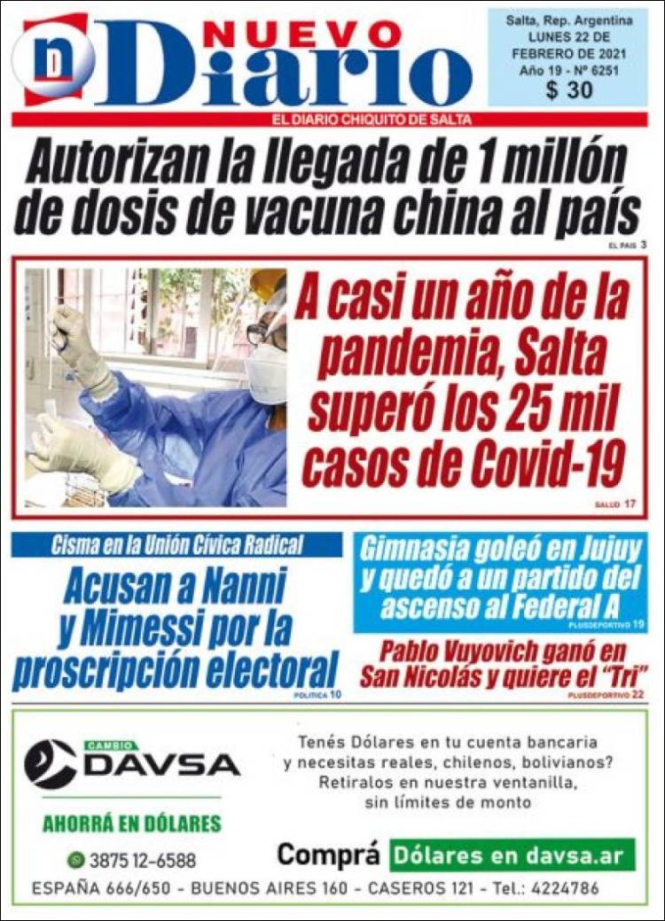 Portada de Nuevo Diario de Salta (Argentina)