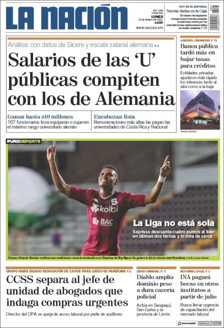 Newspaper La Nación - Costa Rica (Costa Rica). Newspapers in Costa Rica.  Monday's edition, February 22 of 2021. Kiosko.net