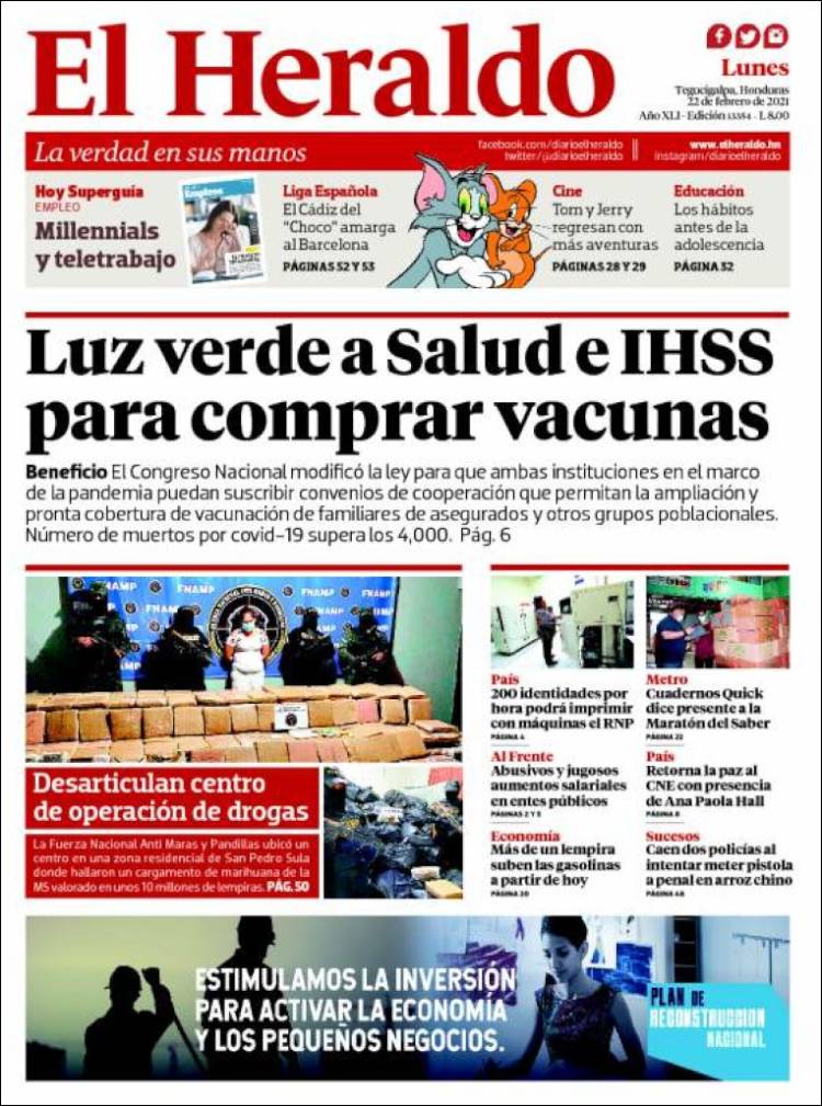 Newspaper El Heraldo (Honduras). Newspapers in Honduras. Monday's edition,  February 22 of 2021. 