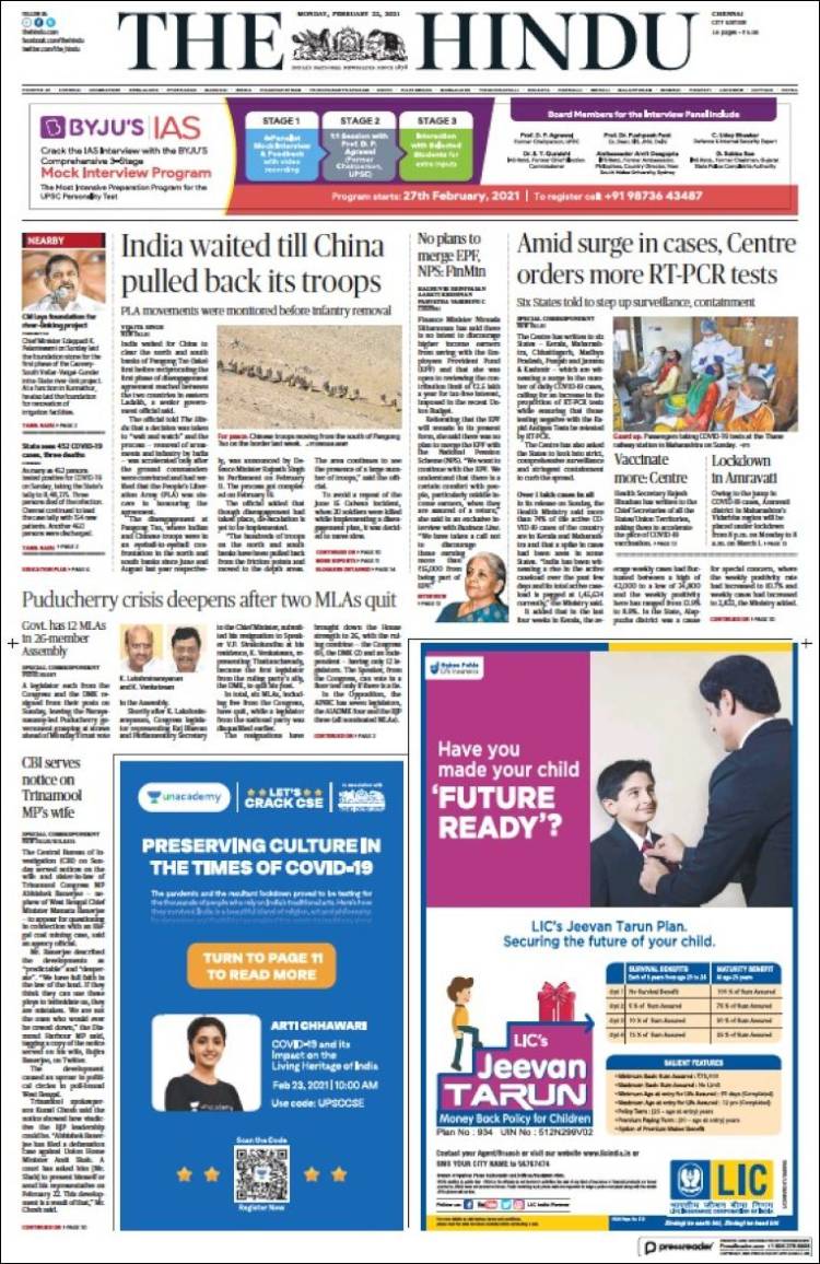 Portada de The Hindu (India)