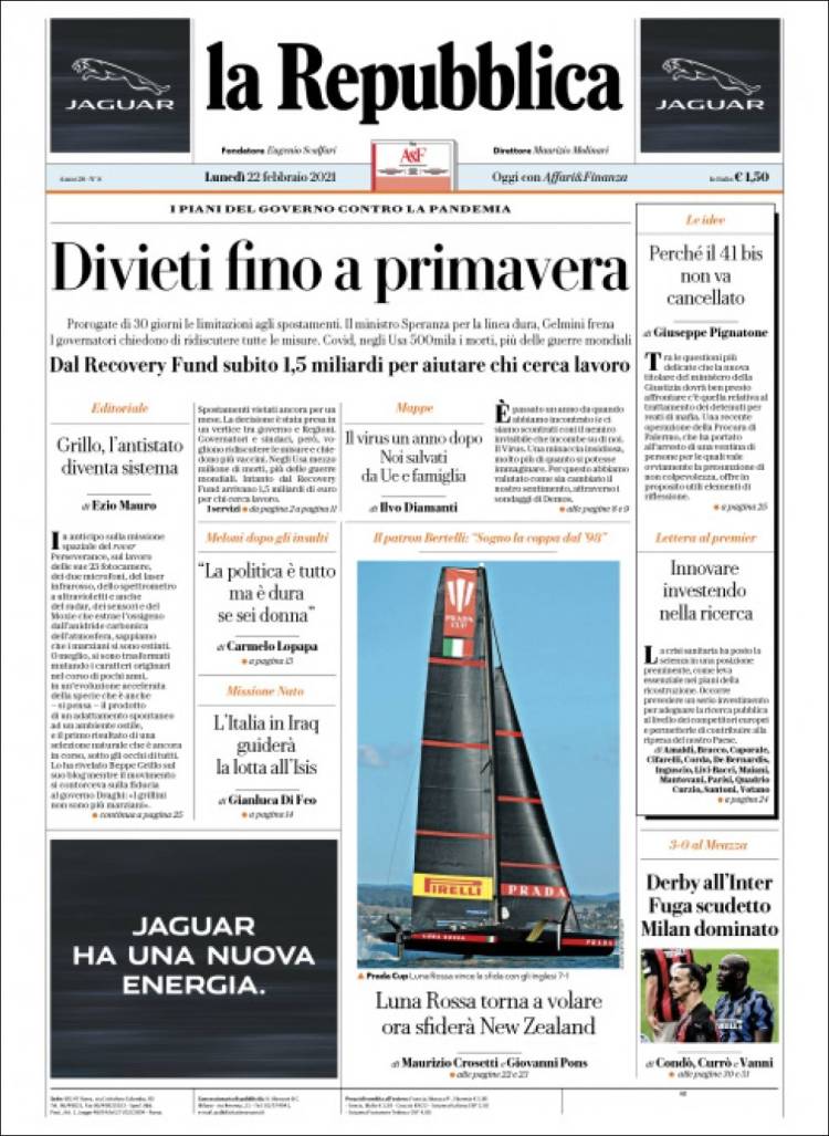 Portada de La Repubblica (Italia)
