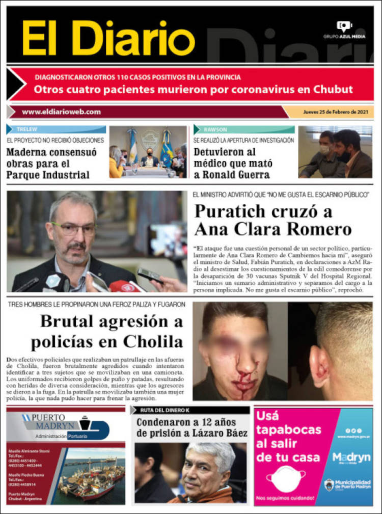 Portada de El Diario de Madryn (Argentina)