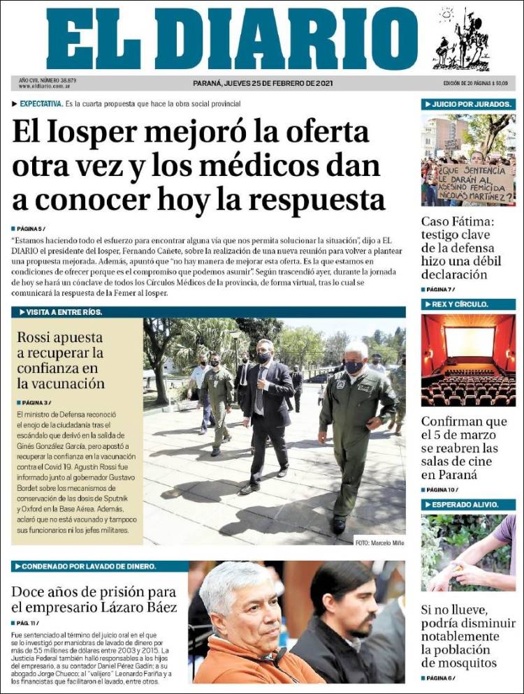 Portada de El Diario de Paraná (Argentina)