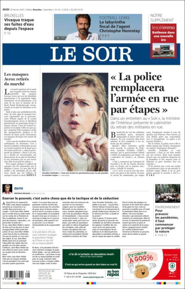 Journal Le Soir (Belgique). Les Unes des journaux de Belgique. Toute la ...