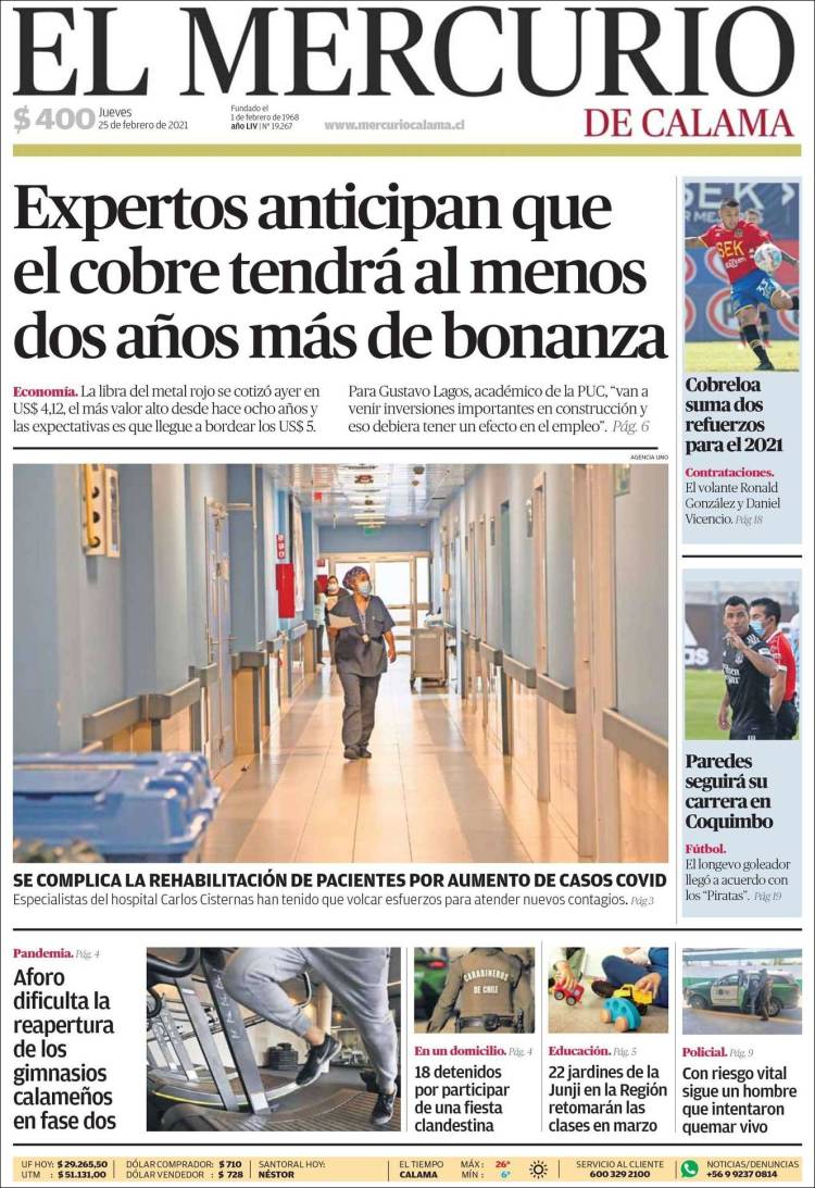 Portada de El Mercurio - Calama (Chile)