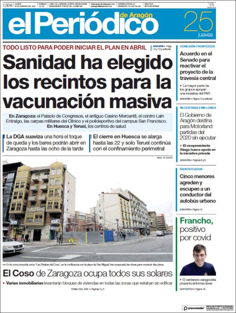 Portada de El Periódico de Aragón (España)