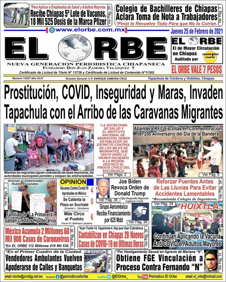 Periódico El Orbe (México). Periódicos de México. Edición de jueves, 25 de  febrero de 2021. 