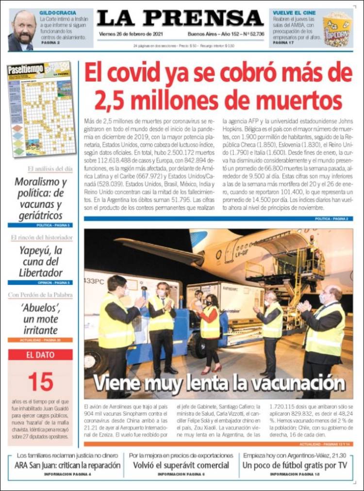 Portada de La Prensa (Argentina)